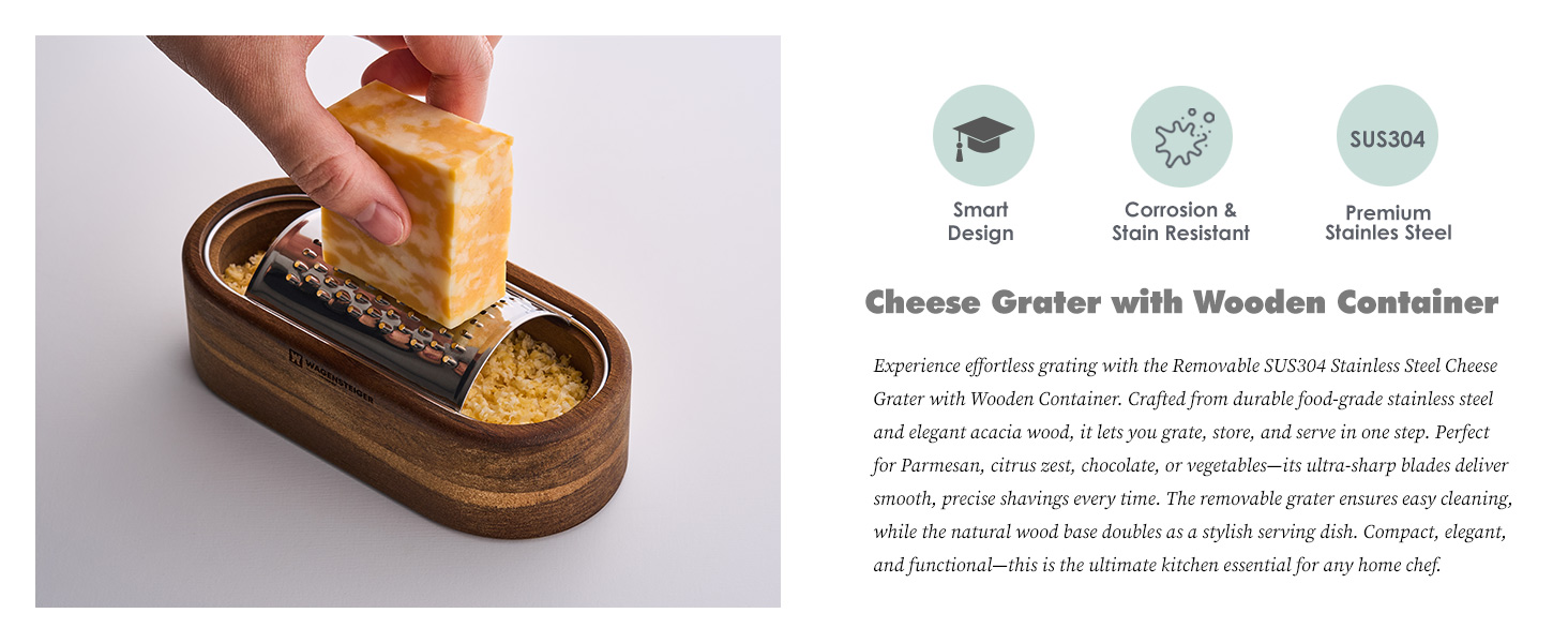 Removable SUS304 Stainless Steel Cheese Grater with Wooden Container, Wooden Shredder, Citrus Zester, Perfect for Presenting Freshly Grated Cheese or Zest