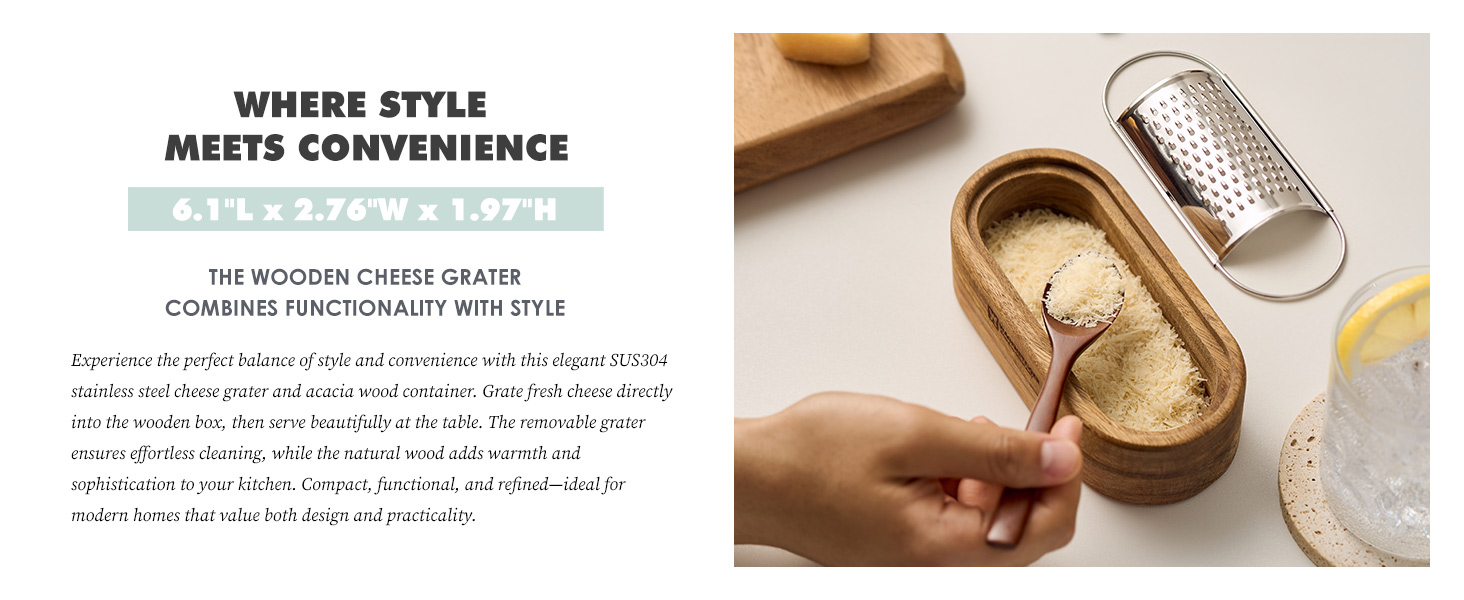 Removable SUS304 Stainless Steel Cheese Grater with Wooden Container, Wooden Shredder, Citrus Zester, Perfect for Presenting Freshly Grated Cheese or Zest