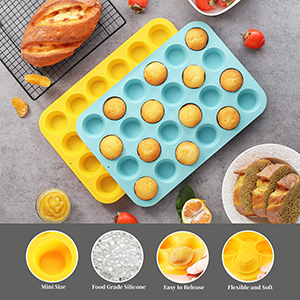 2PCS Silicone Mini Muffin Pan, 24 Cups Nonstick Mini Cupcake Pan for Baking, BPA Free and Dishwasher Safe, Great for Making Muffin Cakes, Tart, Bread and Egg Bites