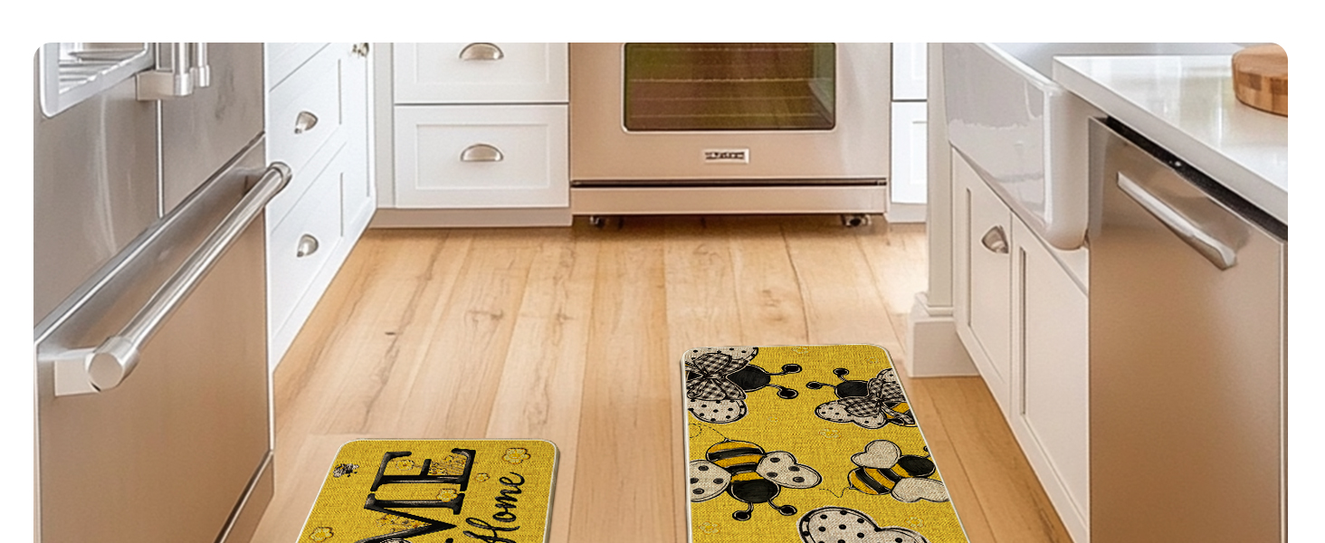 Artoid Mode Beige Bee Home Sweet Home Spring Kitchen Mats Set of 2, Summer Home Decor Low-Profile Kitchen Rugs for Floor - 17x29 and 17x47 Inch