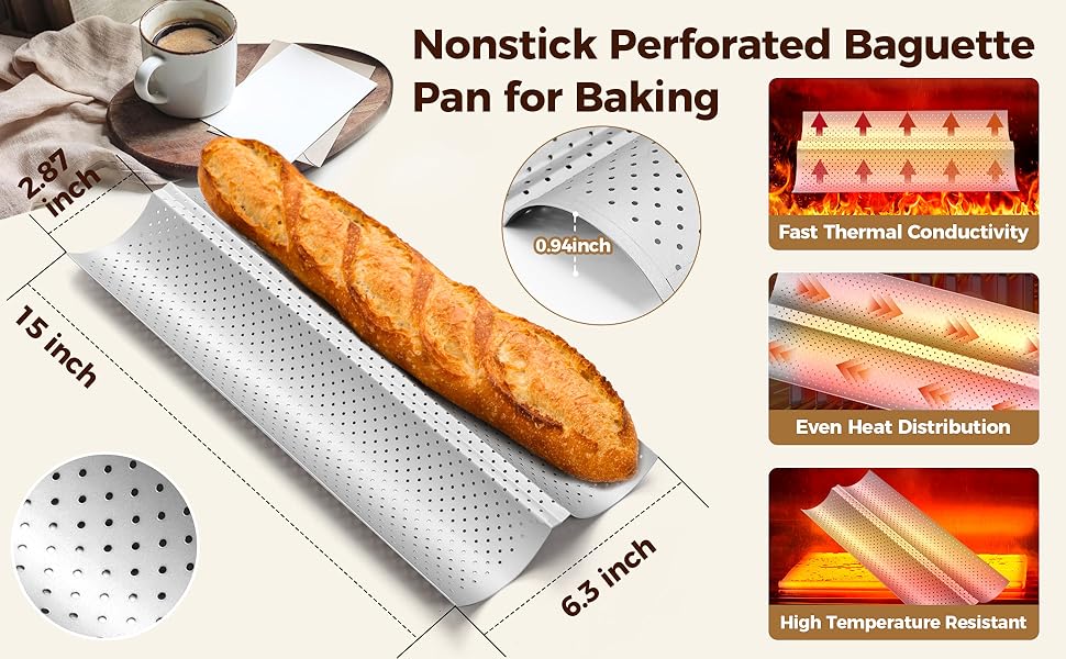 Baguette Bread Pan, Premium Nonstick Perforated French Bread Baking Pan, 2 Loaves Baguette Tray for Sourdough, Italian Bread Baking, Perfect for Creating Crisp Golden-Brown Crust
