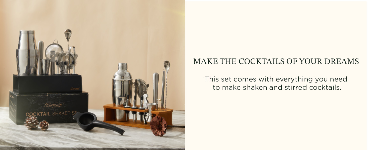 KITESSENSU Boston Shaker Set Mixology Bartender Kit | Premium Cocktail Shaker Kit with Stand Professional Home Bar Tools Accessories: Martini Shaker, Citrus Tools, Fine Mesh Strainers, Muddler, Jigger