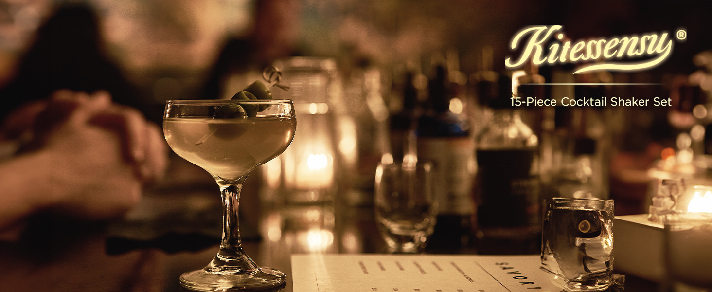 KITESSENSU Boston Shaker Set Mixology Bartender Kit | Premium Cocktail Shaker Kit with Stand Professional Home Bar Tools Accessories: Martini Shaker, Citrus Tools, Fine Mesh Strainers, Muddler, Jigger