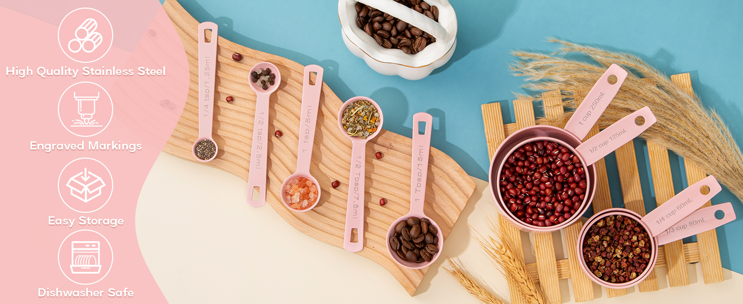 Measuring Cups and Spoons Set of 9, Stainless Steel Measuring cup for Cooking and Baking, Measuring spoons for Dry and Liquid Ingredients (Pink)