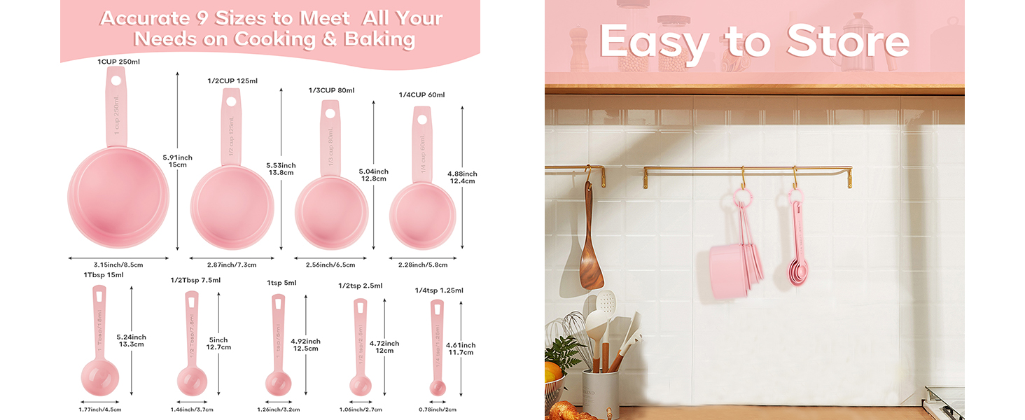 Measuring Cups and Spoons Set of 9, Stainless Steel Measuring cup for Cooking and Baking, Measuring spoons for Dry and Liquid Ingredients (Pink)