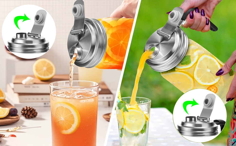 Mason Jar Pour Spout Lid Stainless Steel with Handle, Wide Mouth Pour Spout Flip Cap Lids for Mason Jars, Anticracking Leak Proof Seal Cover Airtight for Drinking Salad Dressing & Food Storing(2PCS)