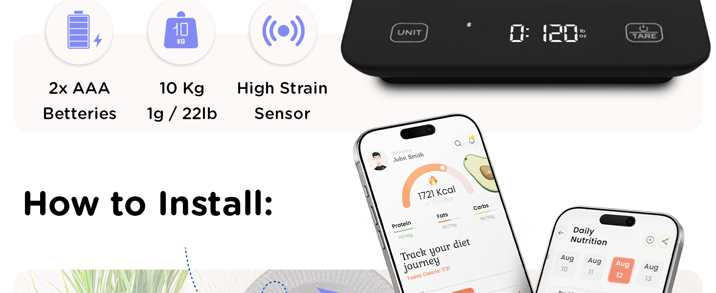 Qahar Food Scale with Nutritional Calculator, Waterproof LED Display Digital Kitchen Scale for Weight Loss Cooking Baking Keto Macro Diet, Calorie Counting, Black Glass, 22lb/10kg