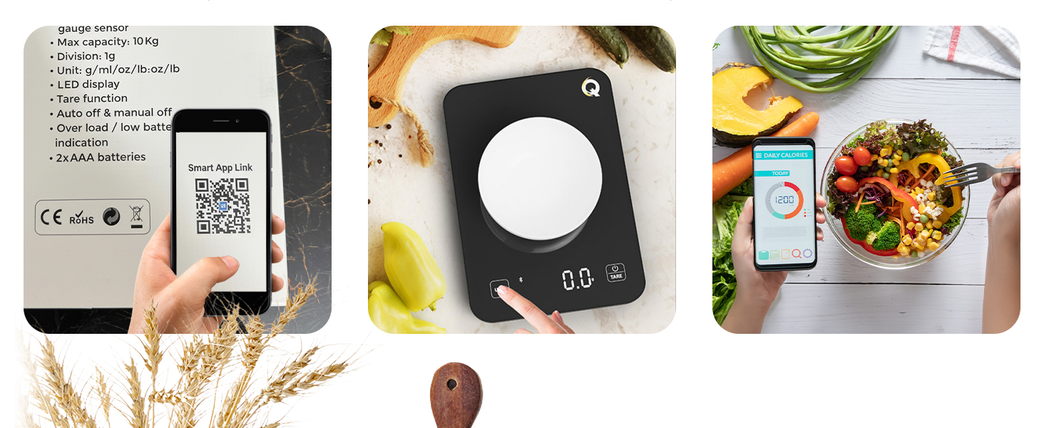 Qahar Food Scale with Nutritional Calculator, Waterproof LED Display Digital Kitchen Scale for Weight Loss Cooking Baking Keto Macro Diet, Calorie Counting, Black Glass, 22lb/10kg