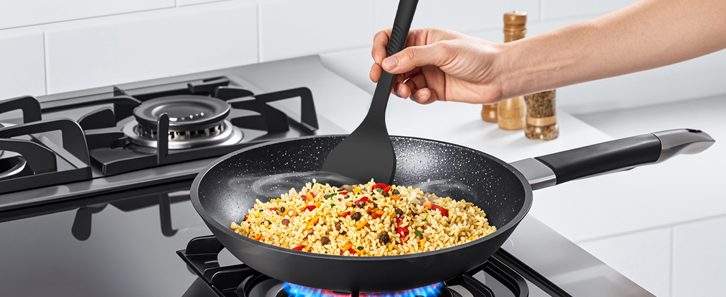 Silicone Cooking Utensils Set - 600°F Heat Resistant, Nonstick Kitchen Utensil Set with Spatulas, Spoons, Whisk, Tongs, BPA Free, Dishwasher Safe, Black