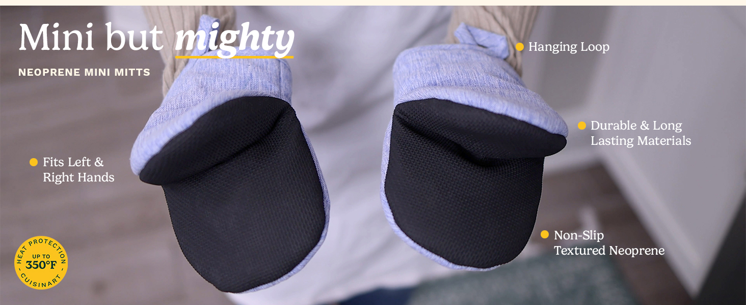 Cuisinart Mini Oven Mitts – 5.5” x 7” Heat-Resistant Kitchen Mitts for Oven with Non-Slip Neoprene Palm, Cotton Filling, and Fabric Loop – Durable Oven Mitt Set for Cooking & Baking (Chambray)