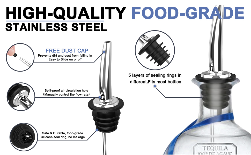60-Pack Stainless Steel Pour Spouts for Liquor Bottles Oil Vinegar and Wine,Liquor Bottle Pourers with Rubber Dust Caps,Bar accessories,Pourers for Bartending