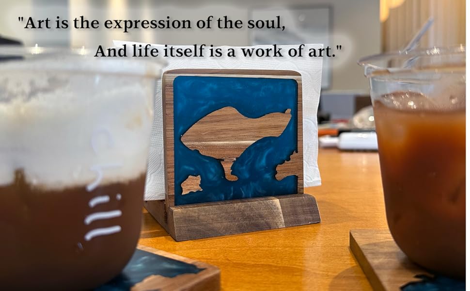 4Pcs Drink Coaster Set with Napkin Holder Conversion Base Acacia Wood with Unique Resin Plant Design for Kinds of Cups Tabletop Protection and Decor for Coffee Table Ideas for Gifts