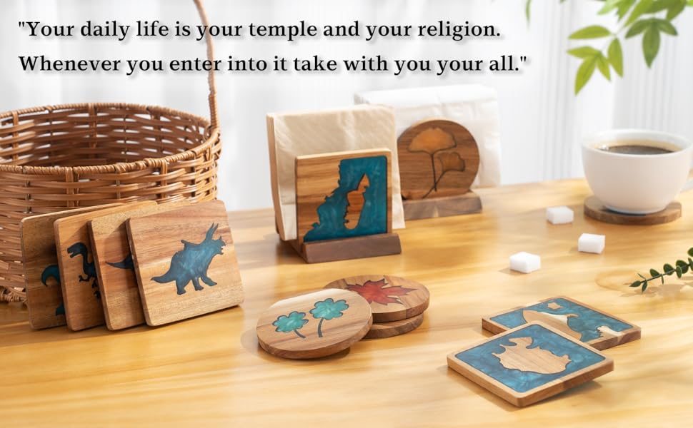 4Pcs Drink Coaster Set with Napkin Holder Conversion Base Acacia Wood with Unique Resin Plant Design for Kinds of Cups Tabletop Protection and Decor for Coffee Table Ideas for Gifts