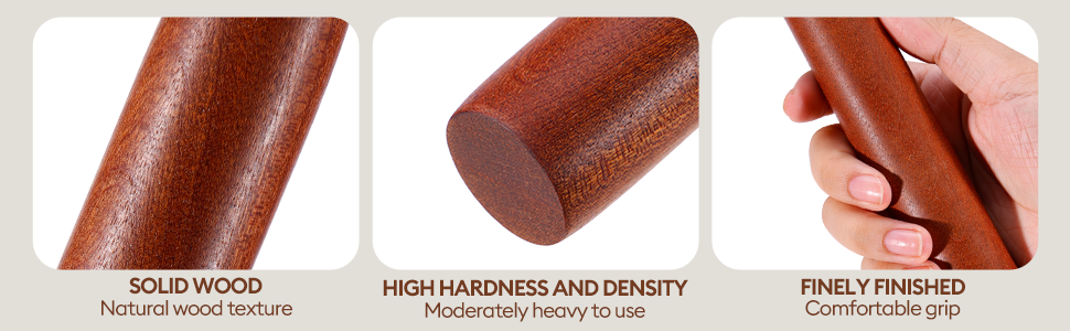Wood Rolling Pin (15.75 Inches), Non-Stick Rolling Pin for Baking, Natural Sapele Wood Dough Roller for Pizza, Fondant, Pie, Cookie, Pastry, Essential Kitchen Tool