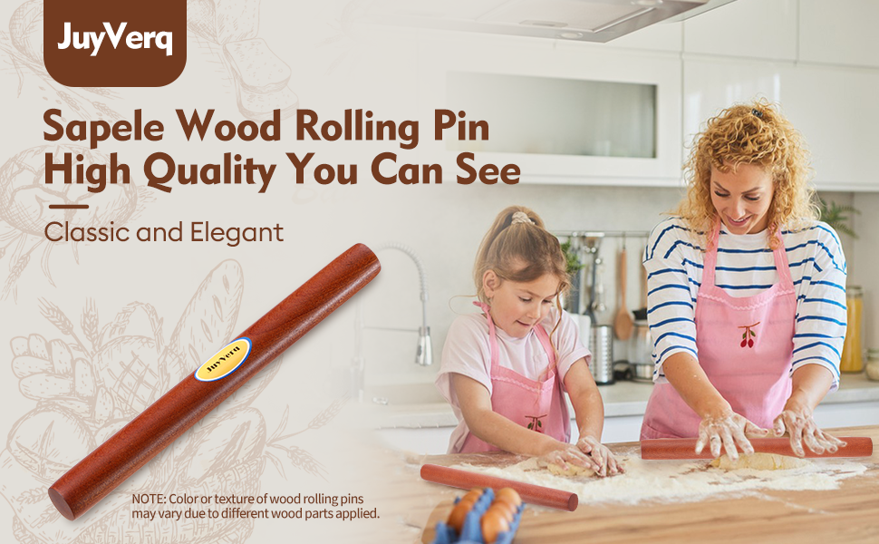 Wood Rolling Pin (15.75 Inches), Non-Stick Rolling Pin for Baking, Natural Sapele Wood Dough Roller for Pizza, Fondant, Pie, Cookie, Pastry, Essential Kitchen Tool