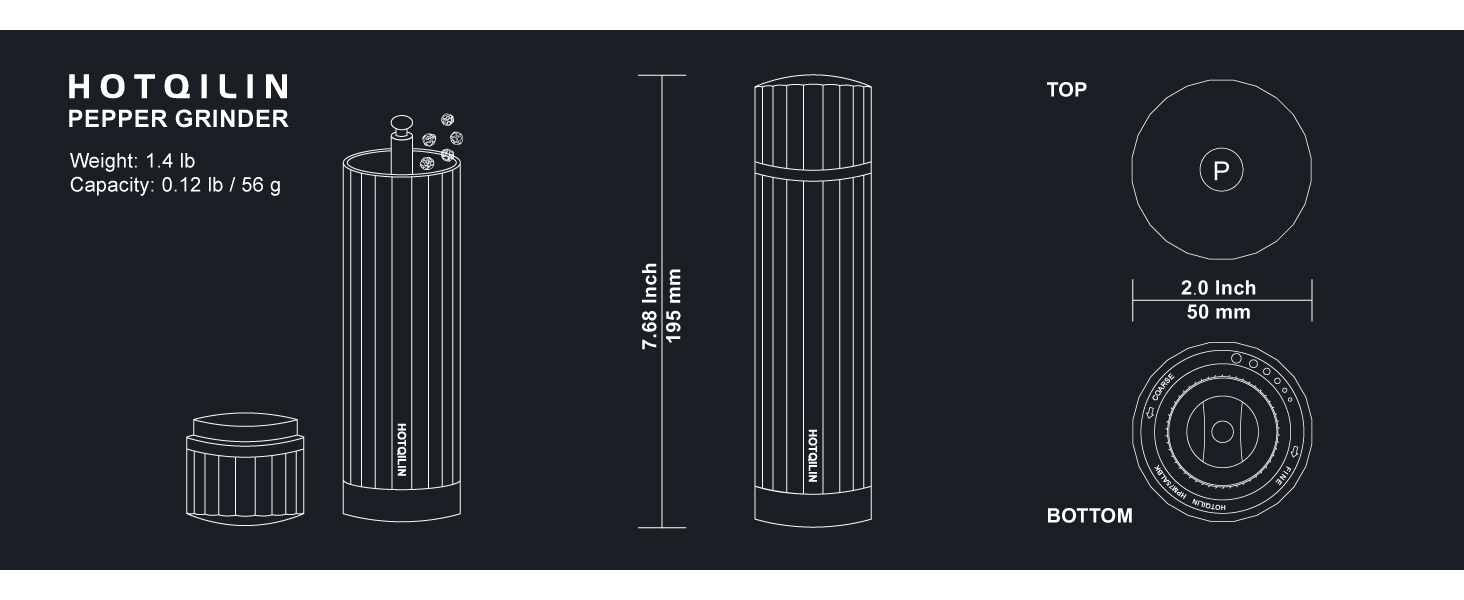 Heavy Duty Metal Pepper Grinder, Professional Manual Pepper Grinder with Adjustable Coarseness, Pepper Mill with Magnetic Powder Chamber, Refillable Pepper Mill for Spices, High Output