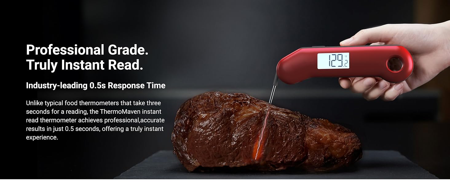 ThermoMaven Professional Digital Meat Thermometer, Ultra Fast 0.5 Sec Instant Read, NIST Certified Accurate to ±0.5°F, IP67 Waterproof, Backlit & Auto-Rotating Display, Auto Wake/Sleep, Dark Red&Gray