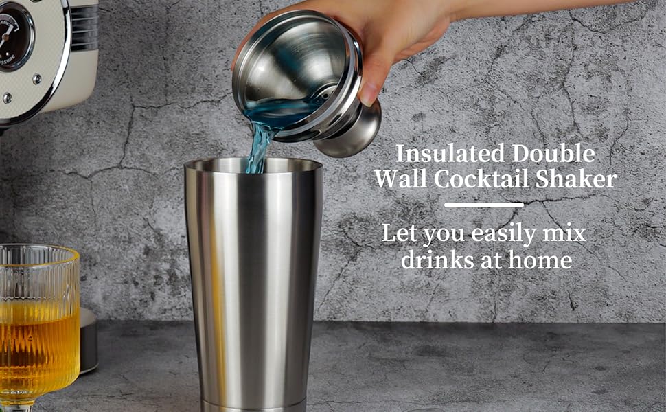 21oz Cocktail Shaker - Insulated Double Wall, Martini Shaker, Drink Shaker, No Stuck Twist Lid, Leakproof, Built-in Strainer, Perfect for Home Bar