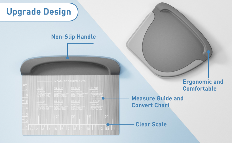 2 IN 1 Upgrade Bench Scraper, Dough Scraper for Pastry Bread Cake Pizza, Stainless Steel Dough Cutter with Conversion Chart & Measuring Scale, Bowl Scraper Food Scraper for Kitchen Baking, Gray