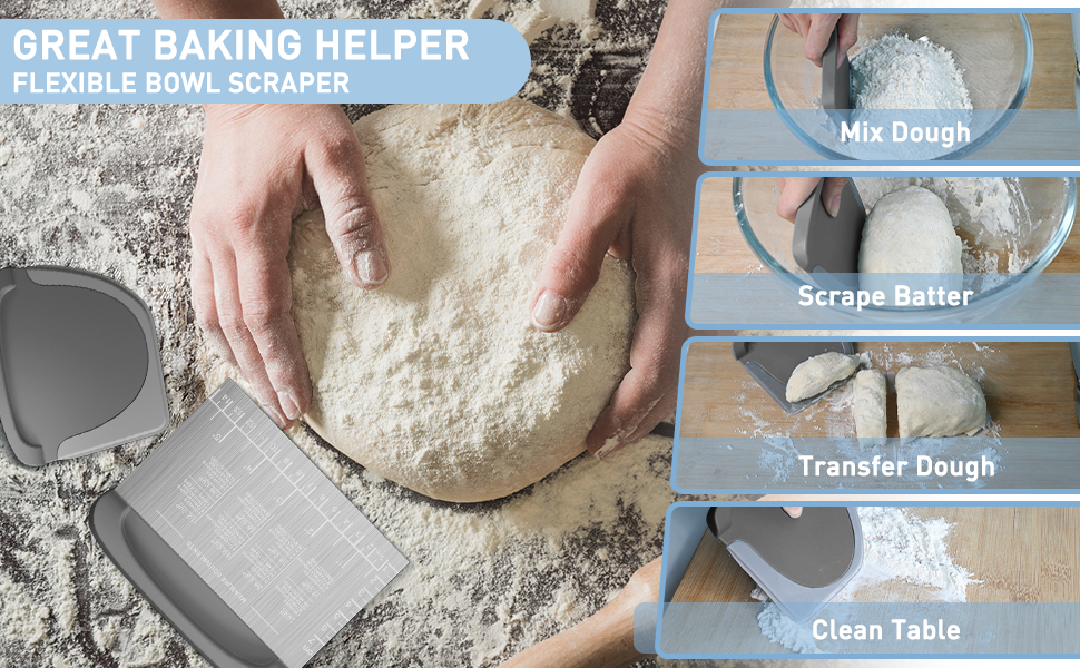 2 IN 1 Upgrade Bench Scraper, Dough Scraper for Pastry Bread Cake Pizza, Stainless Steel Dough Cutter with Conversion Chart & Measuring Scale, Bowl Scraper Food Scraper for Kitchen Baking, Gray