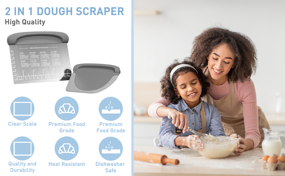 2 IN 1 Upgrade Bench Scraper, Dough Scraper for Pastry Bread Cake Pizza, Stainless Steel Dough Cutter with Conversion Chart & Measuring Scale, Bowl Scraper Food Scraper for Kitchen Baking, Gray