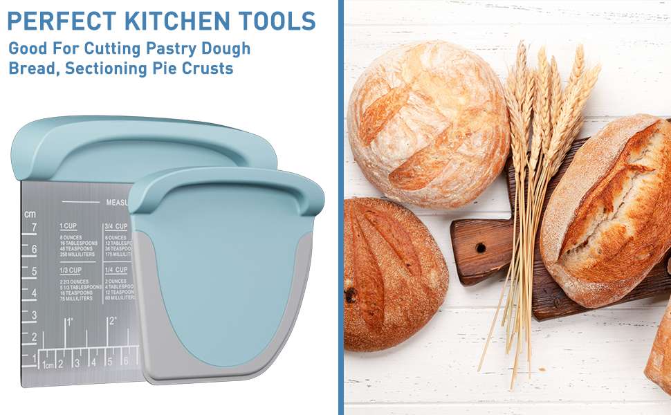 2 IN 1 Upgrade Bench Scraper, Dough Scraper for Pastry Bread Cake Pizza, Stainless Steel Dough Cutter with Conversion Chart & Measuring Scale, Bowl Scraper Food Scraper for Kitchen Baking, Blue