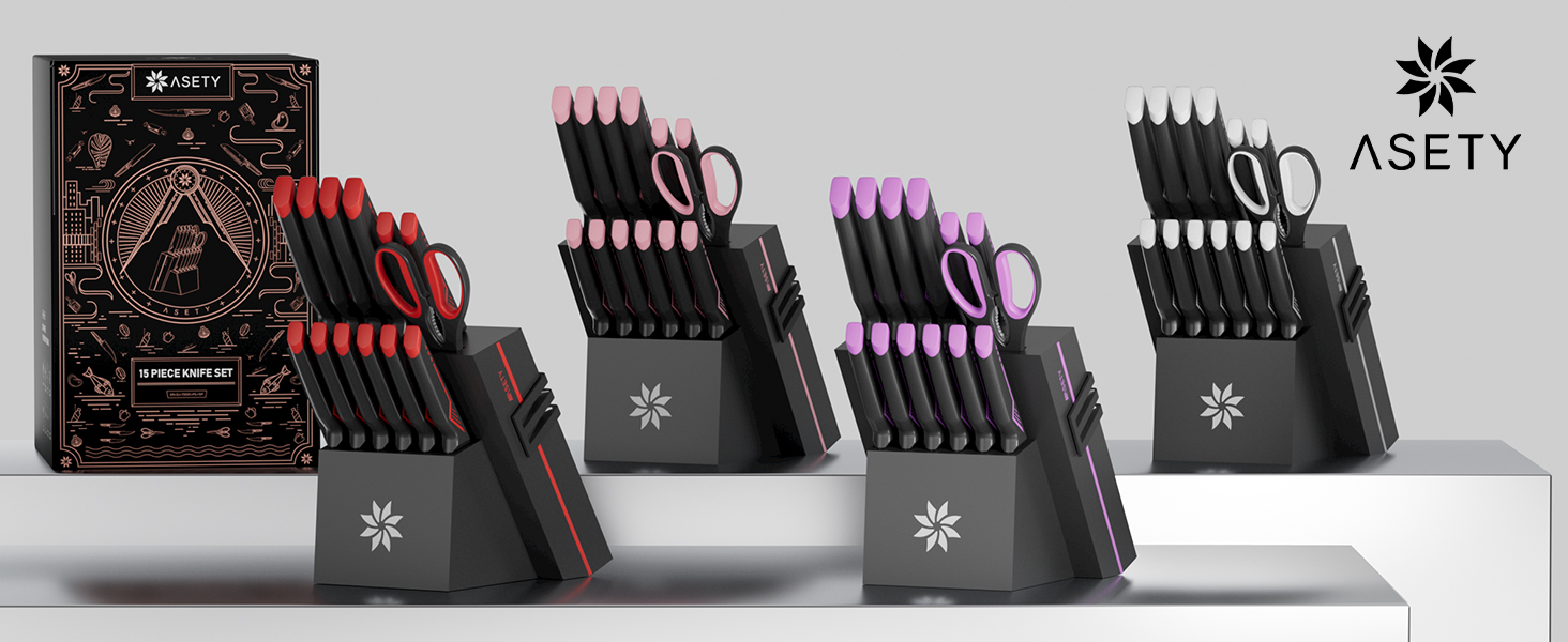 Knife Set - 15 PCS Kitchen Knife Set with Built-in Knife Sharpener Block - Stainless Steel Knife Block Set - Dishwasher Safe, Elegant Box for Men Women