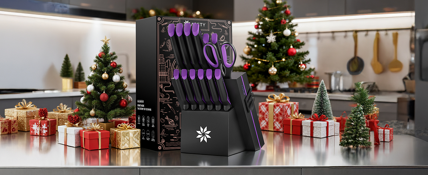 Knife Set - 15 PCS Kitchen Knife Set with Built-in Knife Sharpener Block - Stainless Steel Knife Block Set - Dishwasher Safe, Elegant Box for Men Women