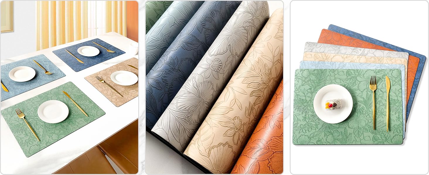 Placemats Set of 4 with 4 Coasters,Carving Floral Design,Non-Slip, Heat Resistant,Washable for Kitchen and Dining Table,Artificial Leather Place Mats (Green)