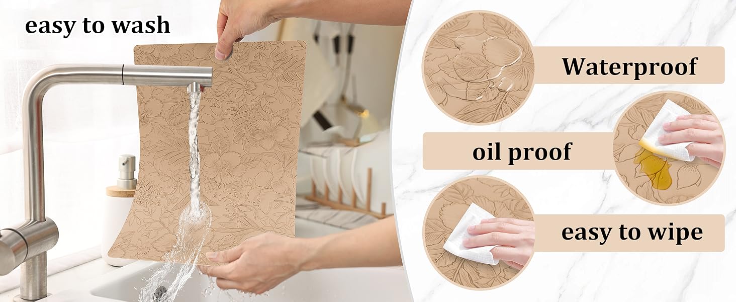 Placemats Set of 4 with 4 Coasters,Carving Floral Design,Non-Slip, Heat Resistant,Washable for Kitchen and Dining Table,Artificial Leather Place Mats (Green)