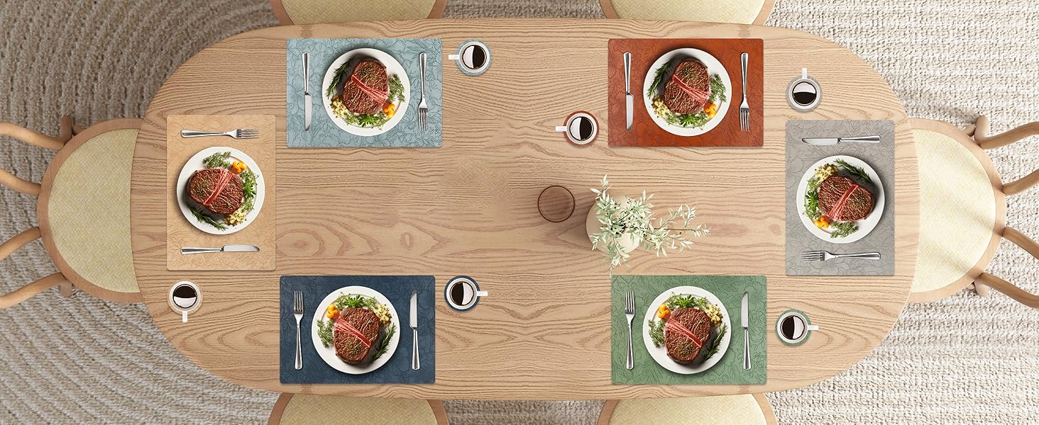 Placemats Set of 4 with 4 Coasters,Carving Floral Design,Non-Slip, Heat Resistant,Washable for Kitchen and Dining Table,Artificial Leather Place Mats (Green)