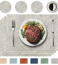 Placemats Set of 4 with 4 Coasters,Carving Floral Design,Non-Slip, Heat Resistant,Washable for Kitchen and Dining Table,Artificial Leather Place Mats (Green)