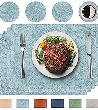 Placemats Set of 4 with 4 Coasters,Carving Floral Design,Non-Slip, Heat Resistant,Washable for Kitchen and Dining Table,Artificial Leather Place Mats (Green)