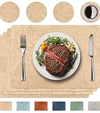 Placemats Set of 4 with 4 Coasters,Carving Floral Design,Non-Slip, Heat Resistant,Washable for Kitchen and Dining Table,Artificial Leather Place Mats (Green)