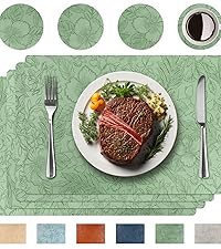 Placemats Set of 4 with 4 Coasters,Carving Floral Design,Non-Slip, Heat Resistant,Washable for Kitchen and Dining Table,Artificial Leather Place Mats (Green)