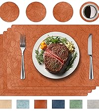 Placemats Set of 4 with 4 Coasters,Carving Floral Design,Non-Slip, Heat Resistant,Washable for Kitchen and Dining Table,Artificial Leather Place Mats (Green)