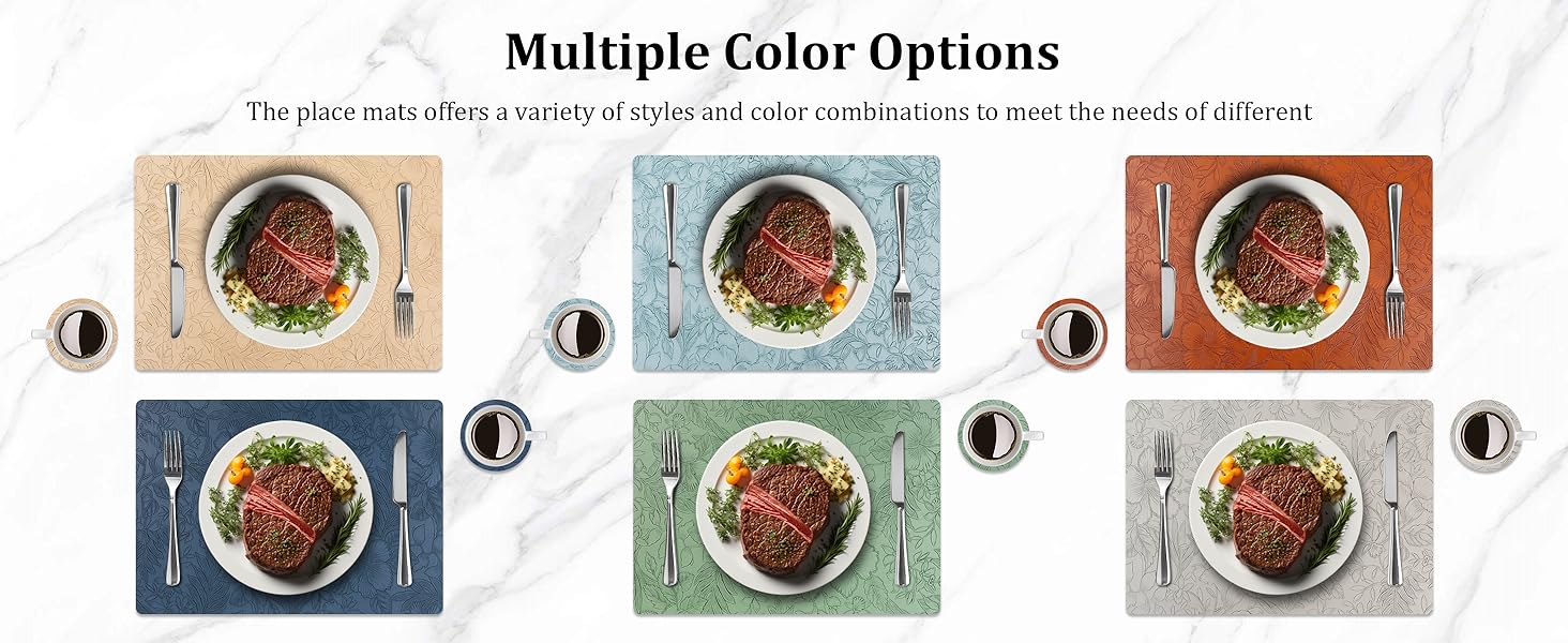 Placemats Set of 4 with 4 Coasters,Carving Floral Design,Non-Slip, Heat Resistant,Washable for Kitchen and Dining Table,Artificial Leather Place Mats (Green)