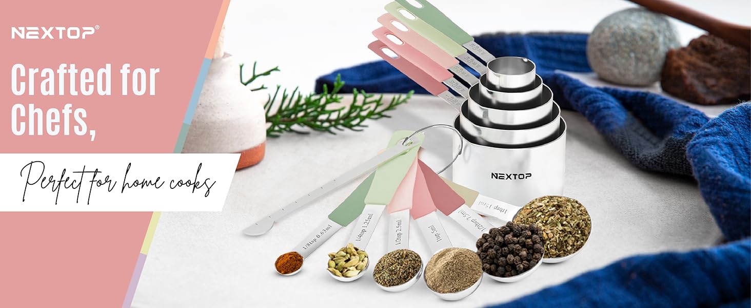 Nextop 14-Piece Stainless Steel Measuring Cups and Measuring Spoons Set with All Stackable Sizes and Leveler for Dry Ingredients, Complete Set for Kitchen & Baking Measuring Tools (Peach Set)