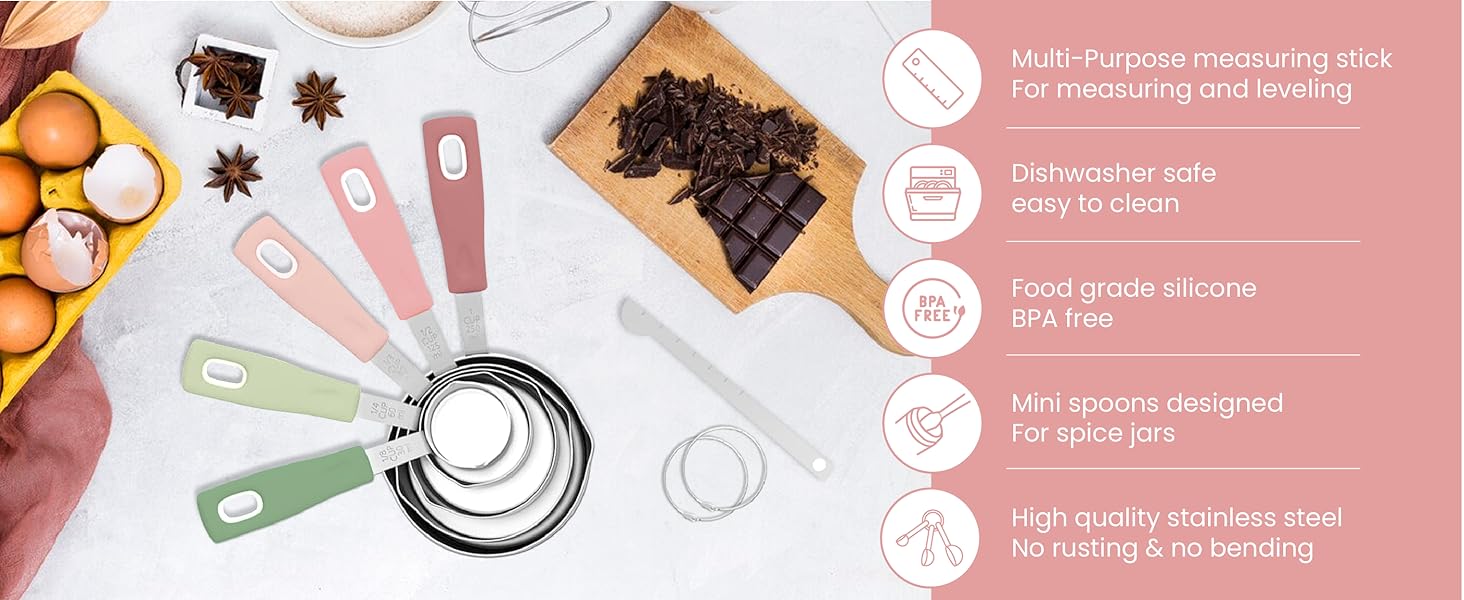 Nextop 14-Piece Stainless Steel Measuring Cups and Measuring Spoons Set with All Stackable Sizes and Leveler for Dry Ingredients, Complete Set for Kitchen & Baking Measuring Tools (Peach Set)