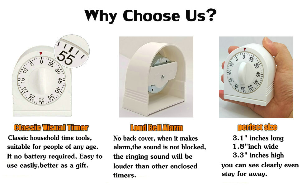60 Minute Wind Up Timer, Visual Mechanical Timer with Loud Alarm, Manual Countdown Timers for Classroom, Home, Study and Cooking (White)