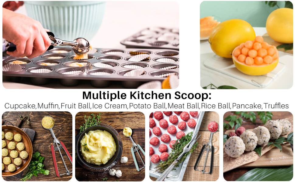 Cookie Scoop Set, Cookie Scoops for Baking Set of 3, Cookie Dough Scoop, 1 Tablespoon/ 2 Tablespoon/ 3 Tablespoon, Red/Black/Mint Handle, For Cookie Cupcake Muffin Ice Cream Truffles