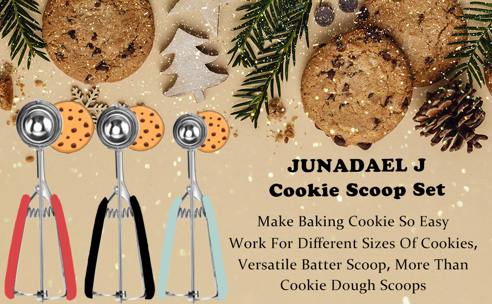 Cookie Scoop Set, Cookie Scoops for Baking Set of 3, Cookie Dough Scoop, 1 Tablespoon/ 2 Tablespoon/ 3 Tablespoon, Red/Black/Mint Handle, For Cookie Cupcake Muffin Ice Cream Truffles