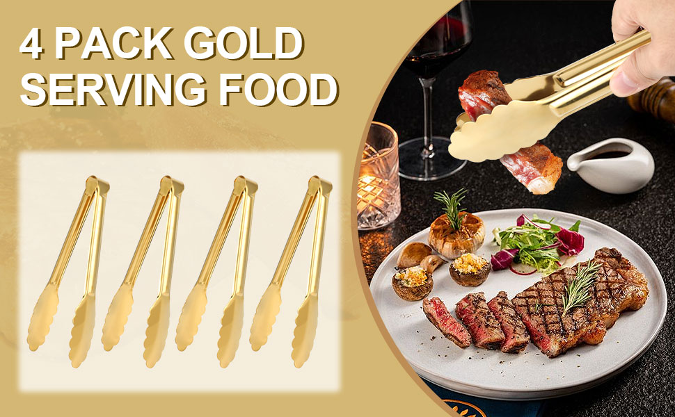 Sunenlyst 4 Pack Gold Buffet Tongs, 9 Inch Stainless Steel Serving Tongs for Food, Salad, Steak, Appetizer, Snack and Small Food (GOLD, 9INCH)