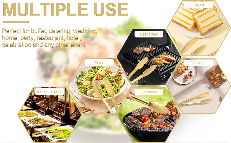 Sunenlyst 4 Pack Gold Buffet Tongs, 9 Inch Stainless Steel Serving Tongs for Food, Salad, Steak, Appetizer, Snack and Small Food (GOLD, 9INCH)