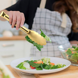 Sunenlyst 4 Pack Gold Buffet Tongs, 9 Inch Stainless Steel Serving Tongs for Food, Salad, Steak, Appetizer, Snack and Small Food (GOLD, 9INCH)