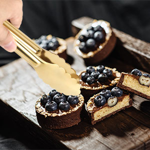 Sunenlyst 4 Pack Gold Buffet Tongs, 9 Inch Stainless Steel Serving Tongs for Food, Salad, Steak, Appetizer, Snack and Small Food (GOLD, 9INCH)