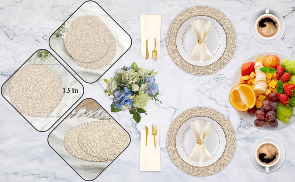 Round Placemats Set of 4, Cotton Rope Thick Place Mats, Heat Resistant Woven Table Mats, Hot Pads for Kitchen, 13 Inches Braided Placemat for Farmhouse and Kitchen Table Decor (Black)