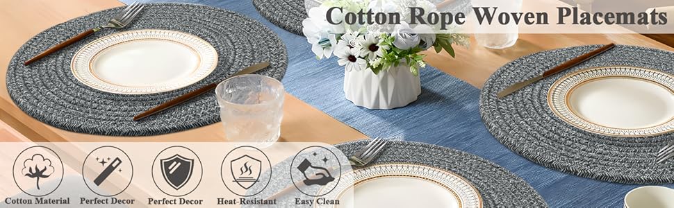 Round Placemats Set of 4, Cotton Rope Thick Place Mats, Heat Resistant Woven Table Mats, Hot Pads for Kitchen, 13 Inches Braided Placemat for Farmhouse and Kitchen Table Decor (Black)