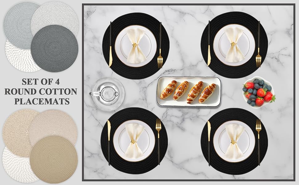 Round Placemats Set of 4, Cotton Rope Thick Place Mats, Heat Resistant Woven Table Mats, Hot Pads for Kitchen, 13 Inches Braided Placemat for Farmhouse and Kitchen Table Decor (Black)