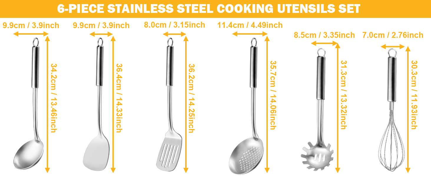 6-Piece Kitchen Cooking Utensils Set, Stainless Steel Kitchen Utensils with Suspendable Handle, Spatula, Slotted Turner, Soup Ladle, Slotted Spoon, Whisk, Pasta Server, Dishwasher Safe